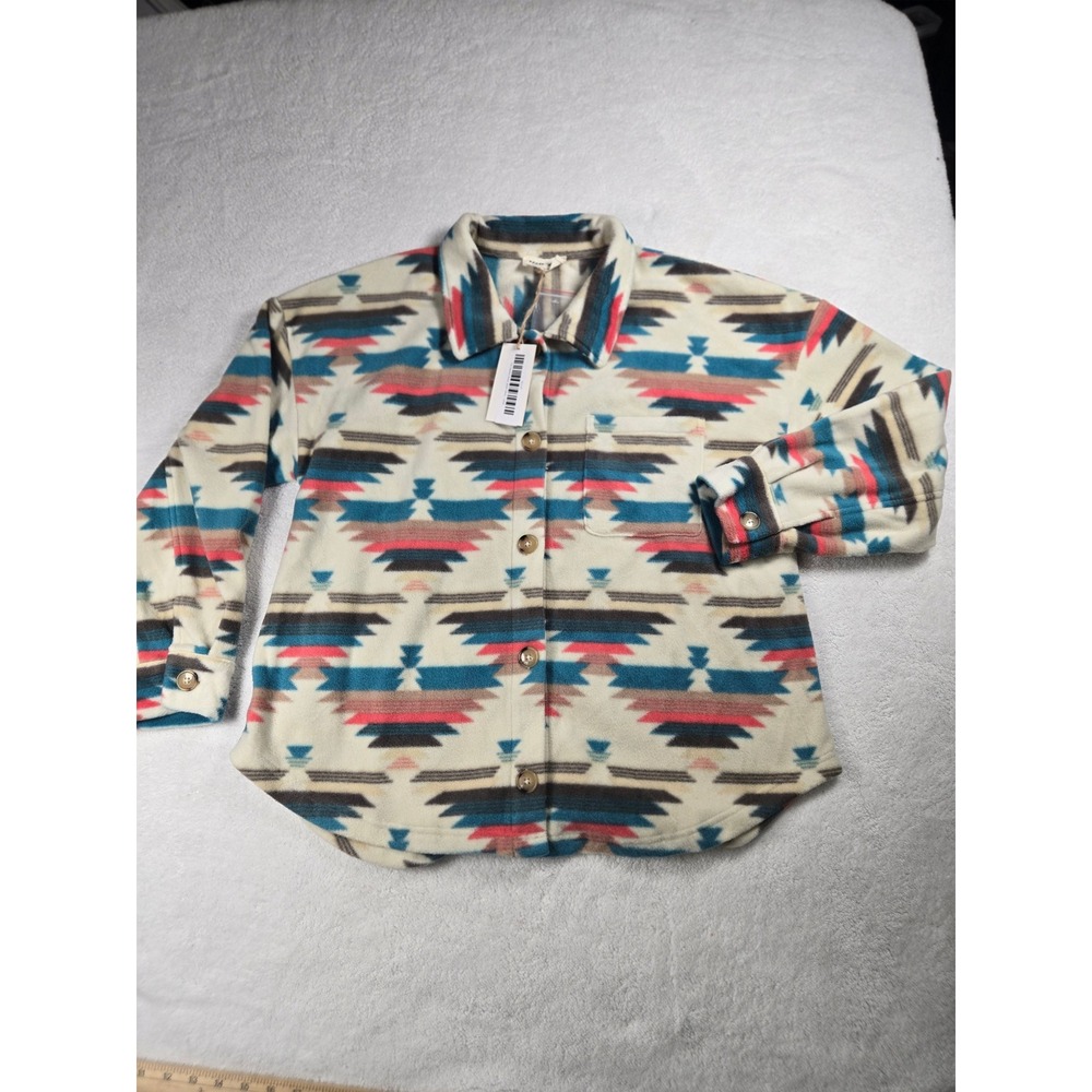 Aztec Fleece Jacket Blue Coral Geometric Shacket Large NEW Western Shacket